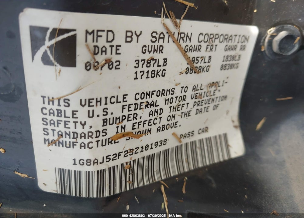 2003 SATURN ION 2 VIN: 1G8AJ52F23Z101938