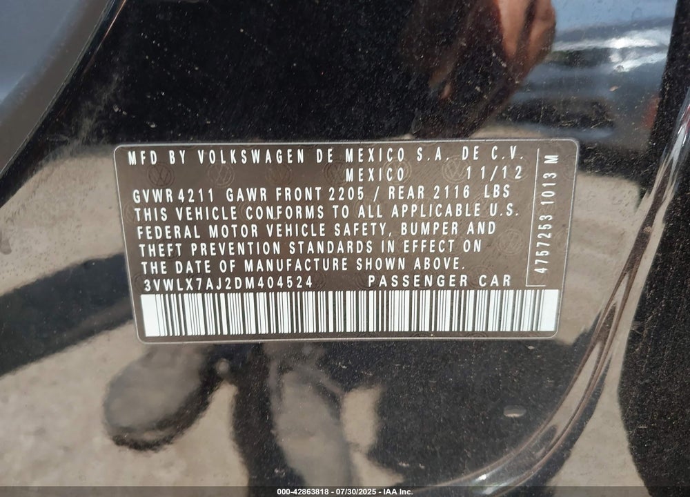 2013 VOLKSWAGEN JETTA 2.5L SEL VIN: 3VWLX7AJ2DM404524