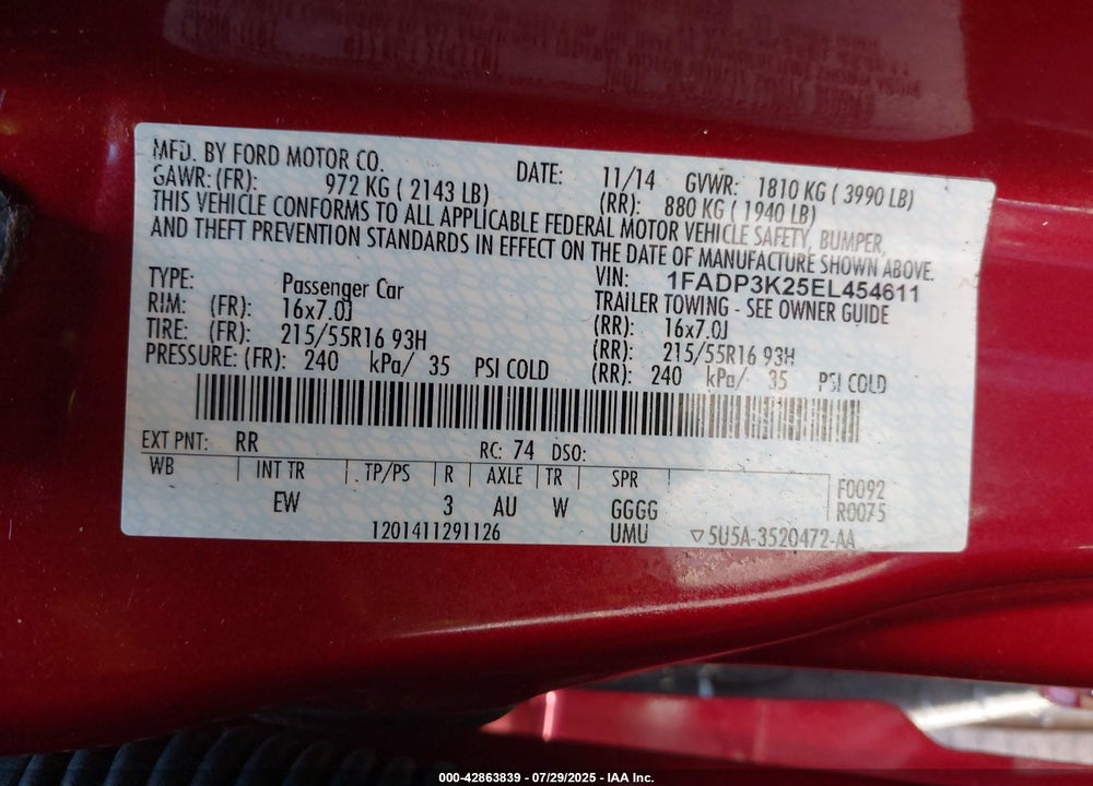 2014 FORD FOCUS SE VIN: 1FADP3K25EL454611