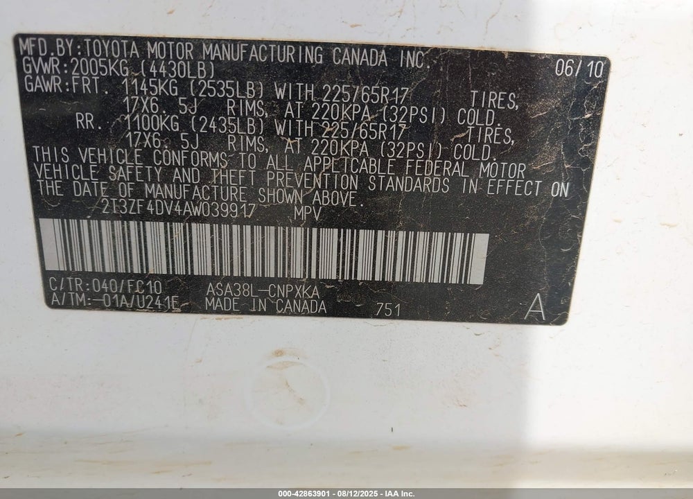 2010 TOYOTA RAV4 VIN: 2T3ZF4DV4AW039917