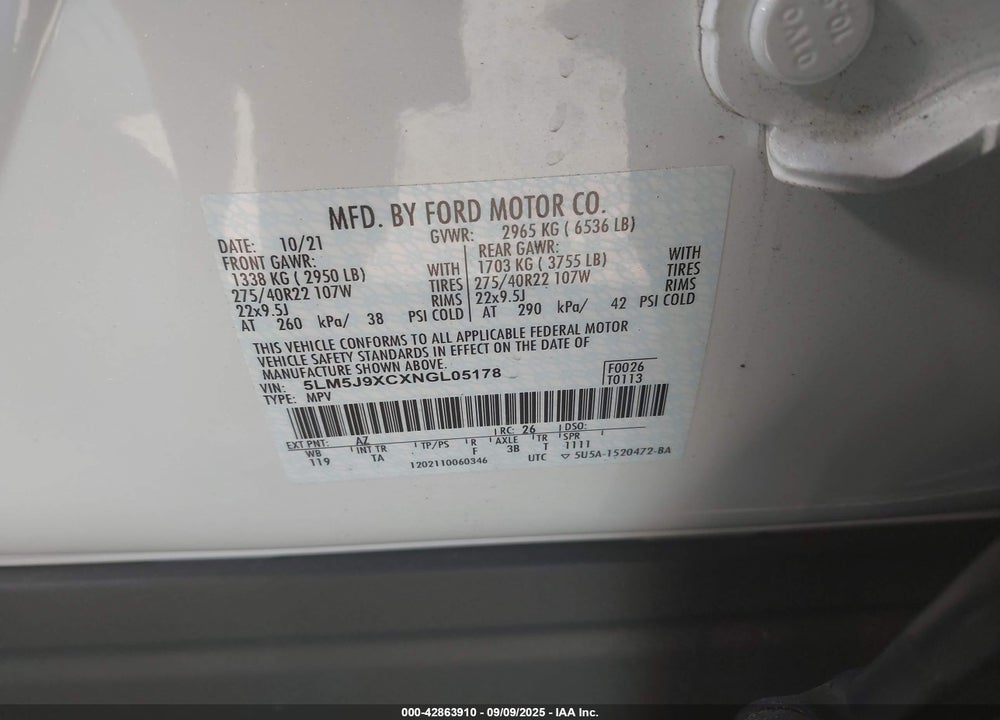2022 LINCOLN AVIATOR BLACK LABEL VIN: 5LM5J9XCXNGL05178