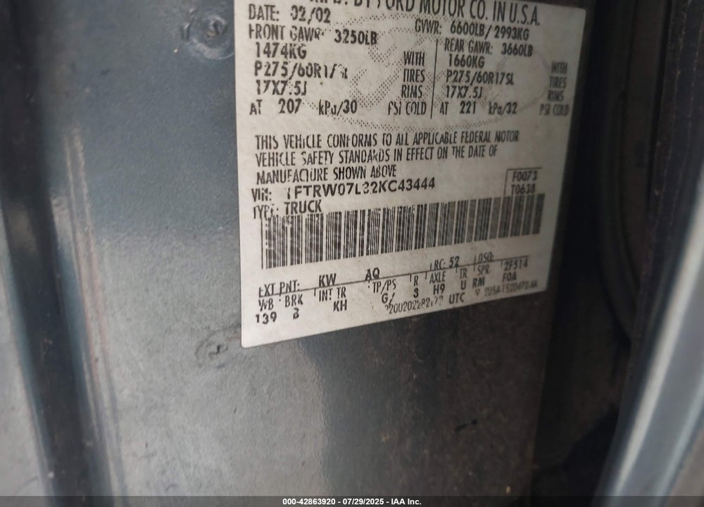 2002 FORD F-150 VIN: 1FTRW07L32KC43444