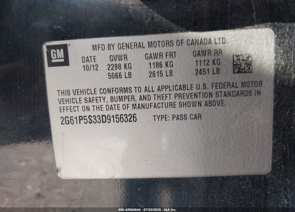 2013 CADILLAC XTS VIN: 2G61P5S33D9156326
