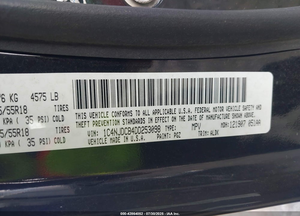 2013 JEEP COMPASS VIN: 1C4NJDCB4DD253098