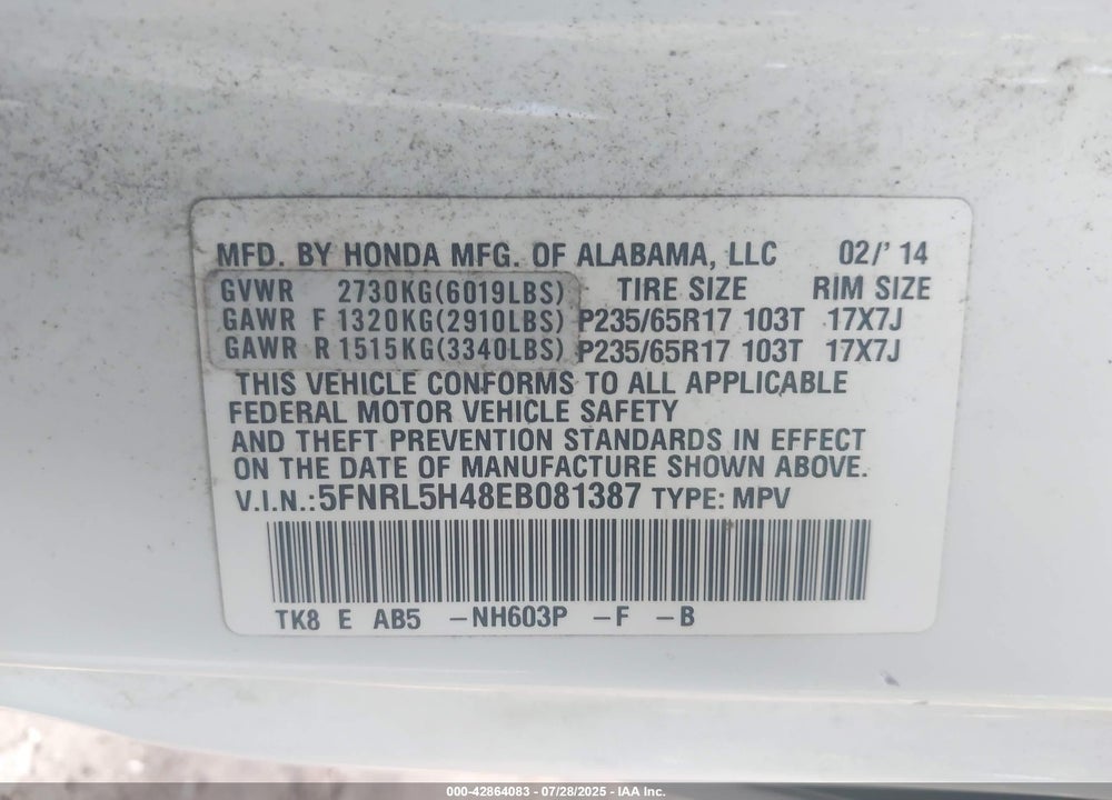 2014 HONDA ODYSSEY VIN: 5FNRL5H48EB081387