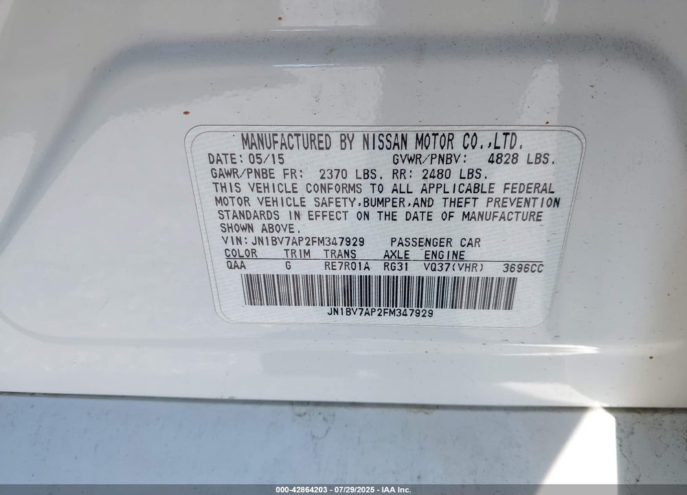2015 INFINITI Q50 VIN: JN1BV7AP2FM347929