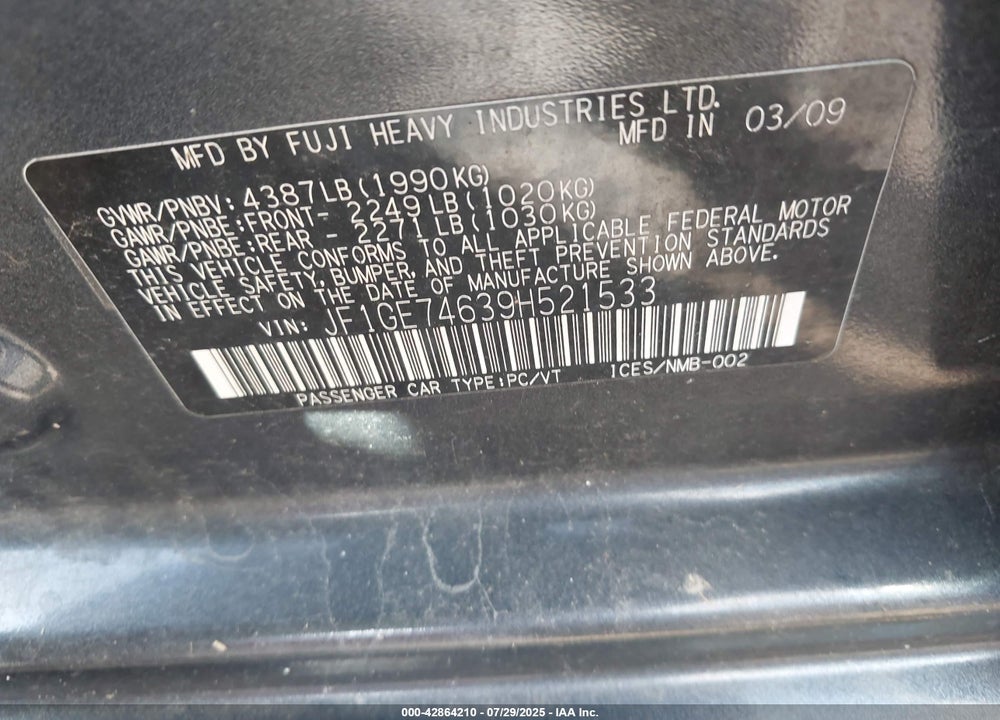 2009 SUBARU IMPREZA VIN: JF1GE74639H521533