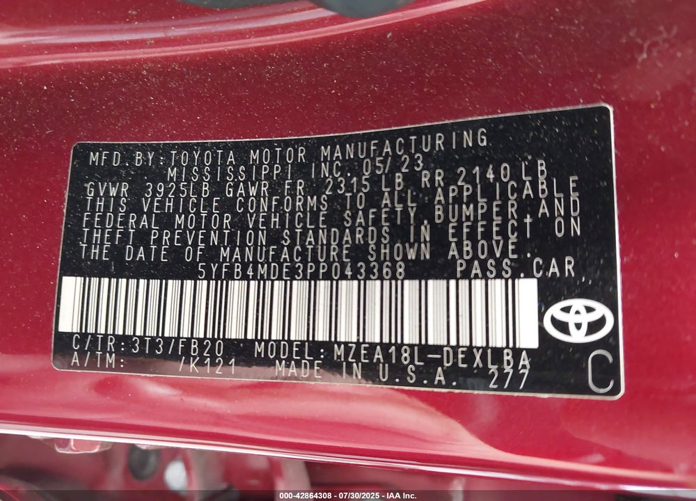 2023 TOYOTA COROLLA VIN: 5YFB4MDE3PP043368