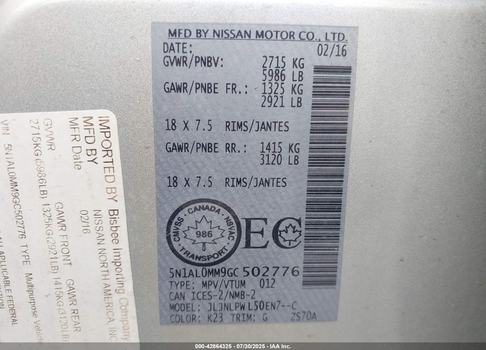 2016 INFINITI QX60 VIN: 5N1AL0MM9GC502776