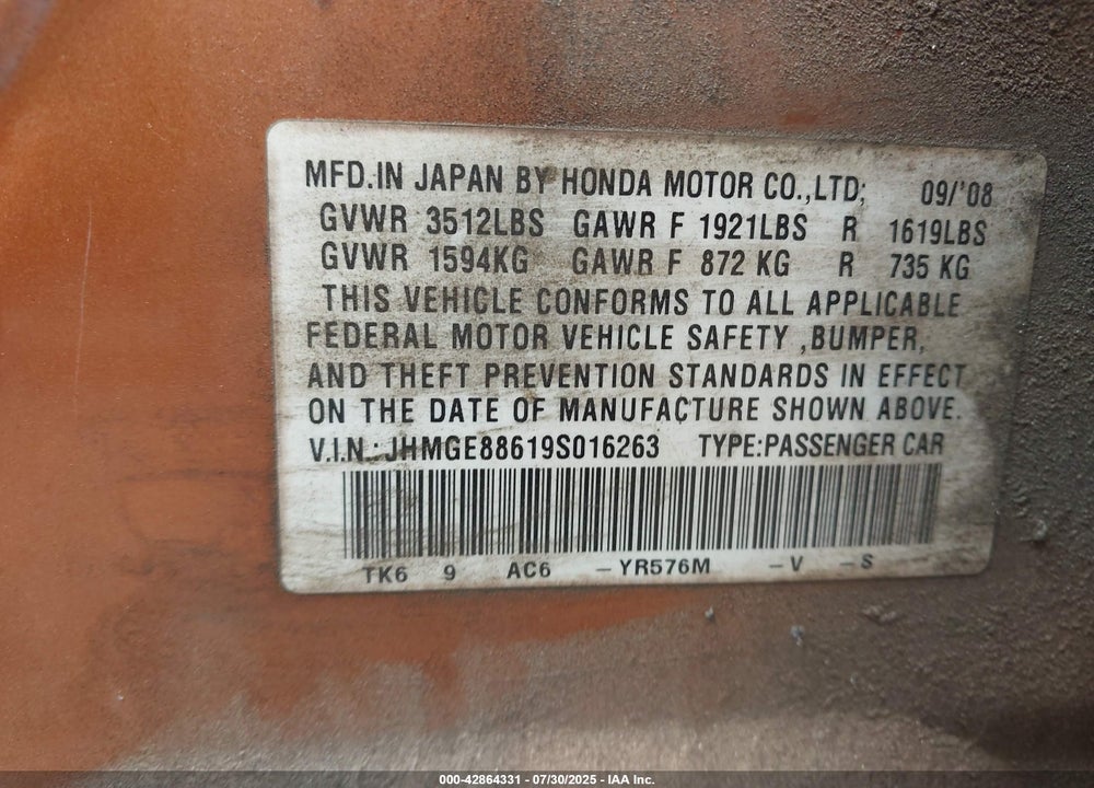 2009 HONDA FIT VIN: JHMGE88619S016263