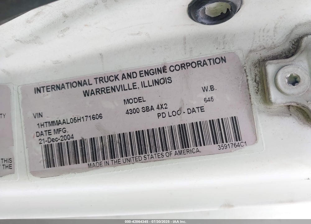 2005 INTERNATIONAL 4000 4300 VIN: 1HTMMAAL05H171606