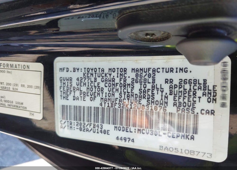 2002 TOYOTA CAMRY VIN: 4TIBF32K12U031076