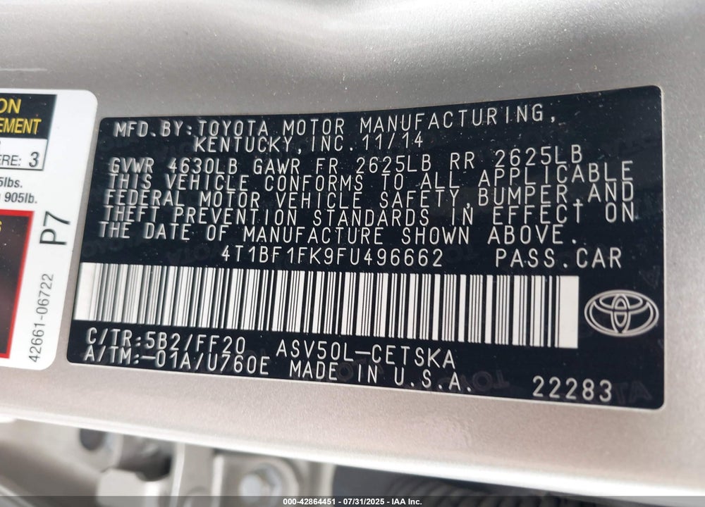 2015 TOYOTA CAMRY SE VIN: 4T1BF1FK9FU496662