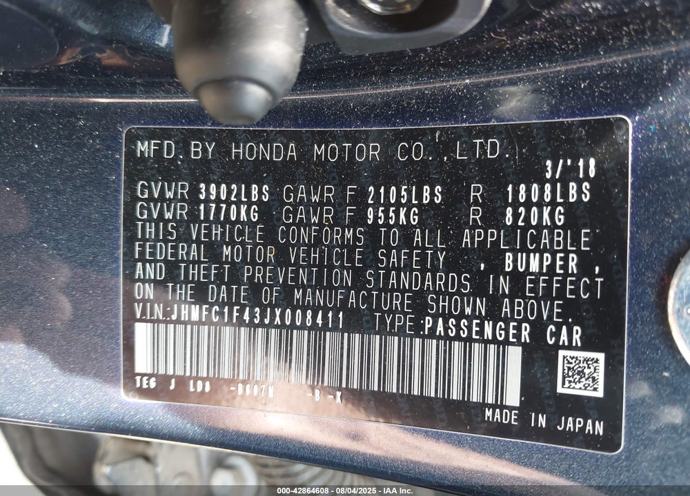 2018 HONDA CIVIC VIN: JHMFC1F43JX008411