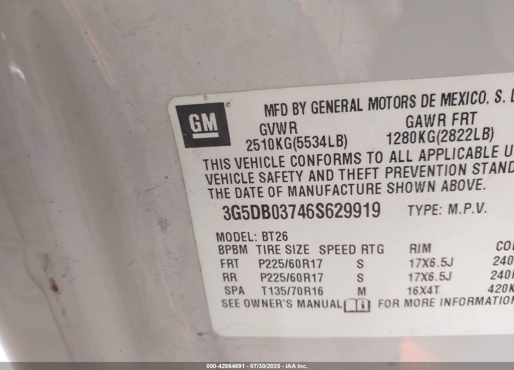 2006 BUICK RENDEZVOUS VIN: 3G5DB03746S629919