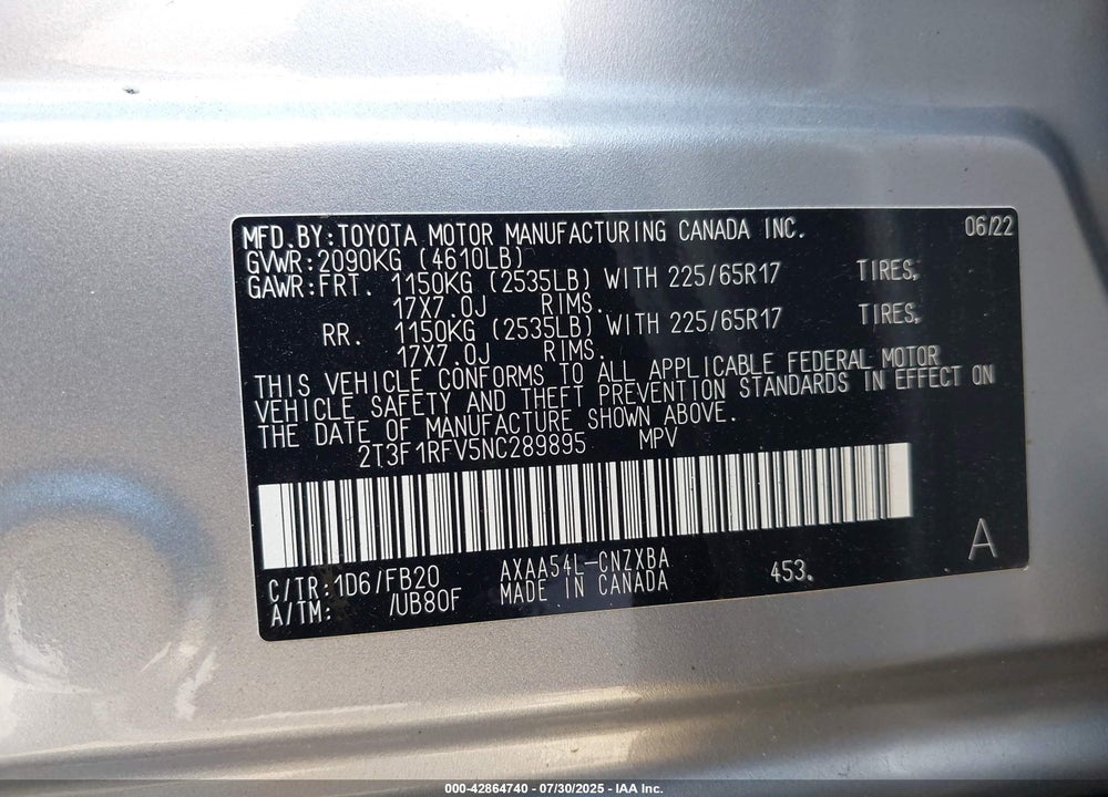 2022 TOYOTA RAV4 VIN: 2T3F1RFV5NC289895