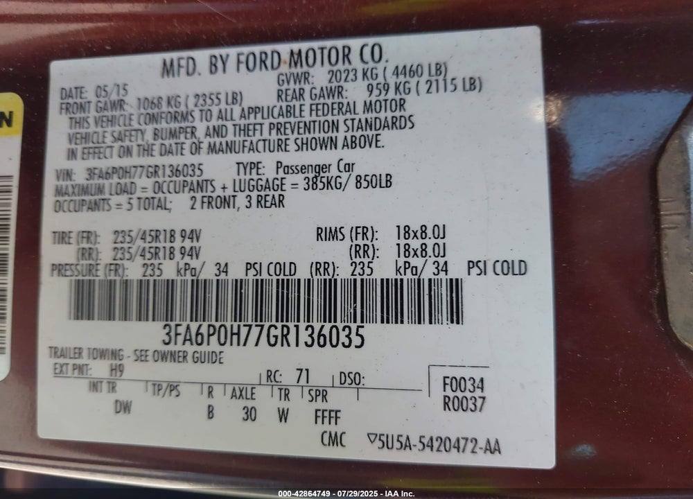 2016 FORD FUSION VIN: 3FA6P0H77GR136035