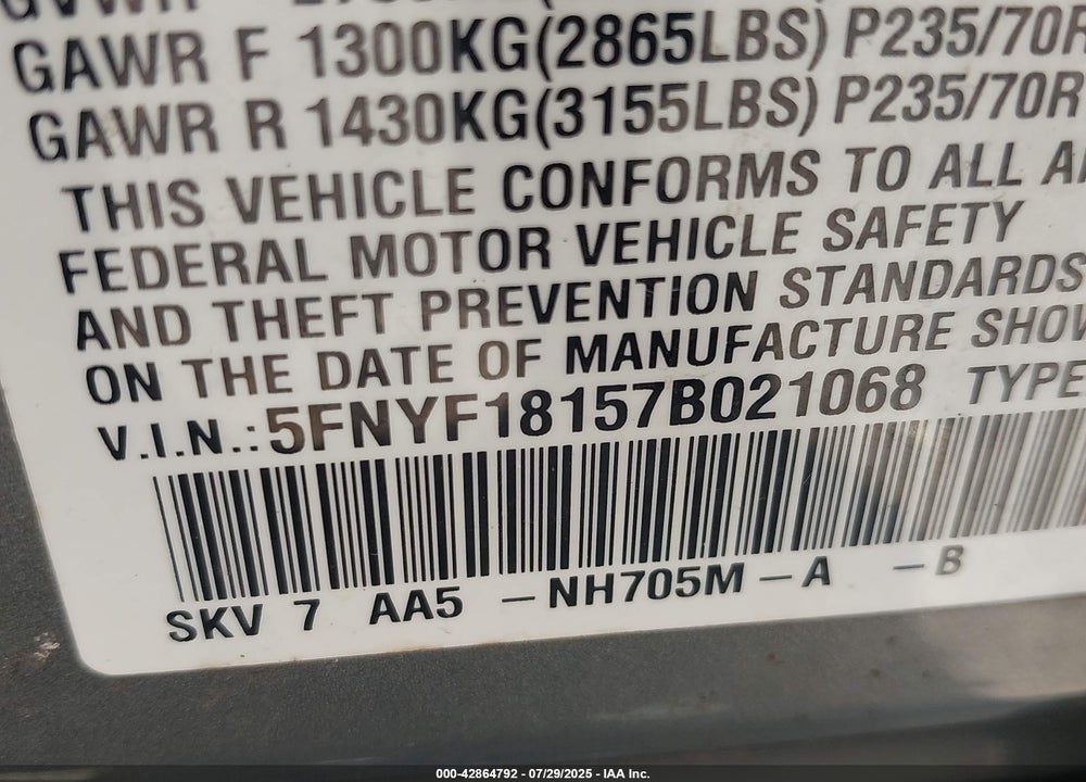 2007 HONDA PILOT LX VIN: 5FNYF18157B021068