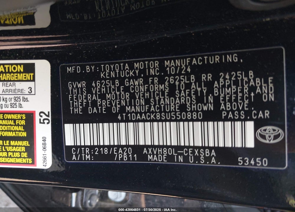 2025 TOYOTA CAMRY VIN: 4T1DAACK8SU550880