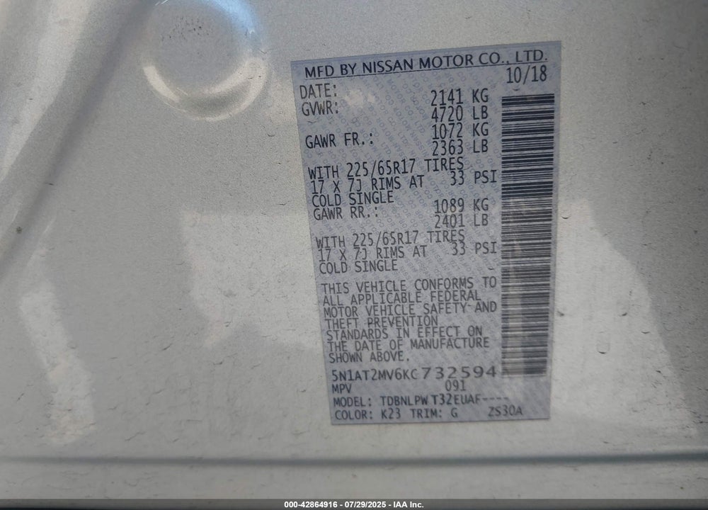 2019 NISSAN ROGUE VIN: 5N1AT2MV6KC732594