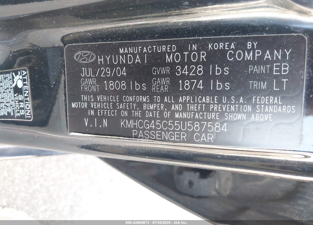 2005 HYUNDAI ACCENT VIN: KMHCG45C55U587584