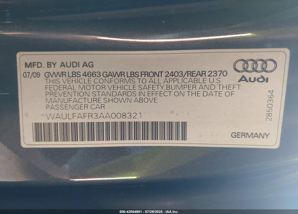 2010 AUDI A5 2.0T PREMIUM VIN: WAULFAFR3AA008321