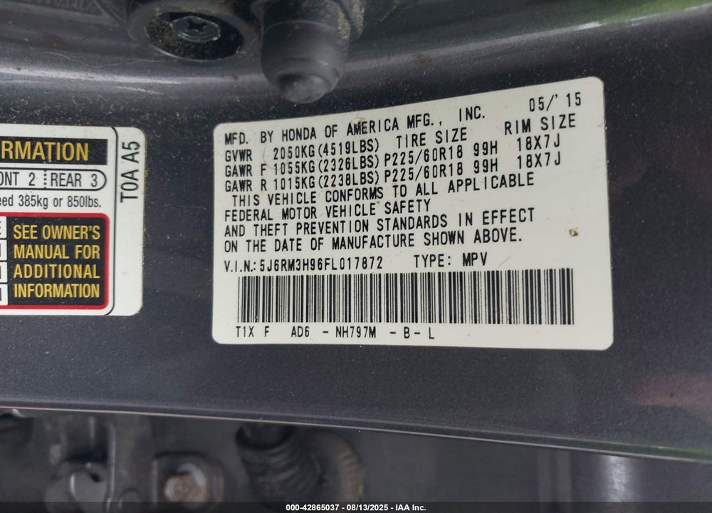 2015 HONDA CR-V VIN: 5J6RM3H96FL017872