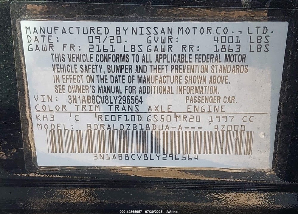 2020 NISSAN SENTRA SV XTRONIC CVT VIN: 3N1AB8CV8LY296564