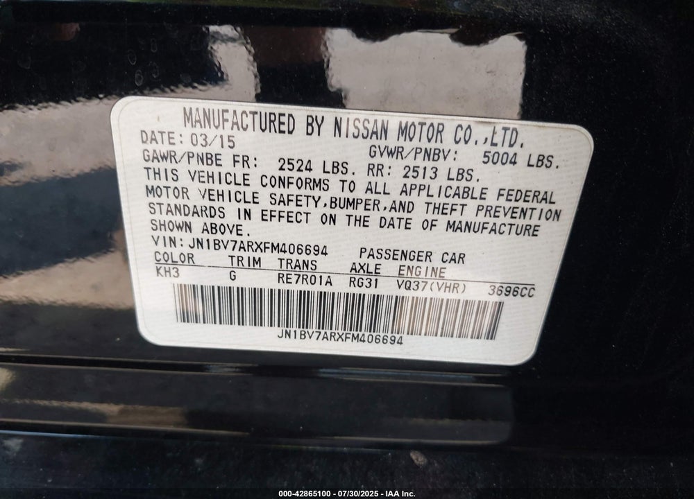 2015 INFINITI Q50 VIN: JN1BV7ARXFM406694