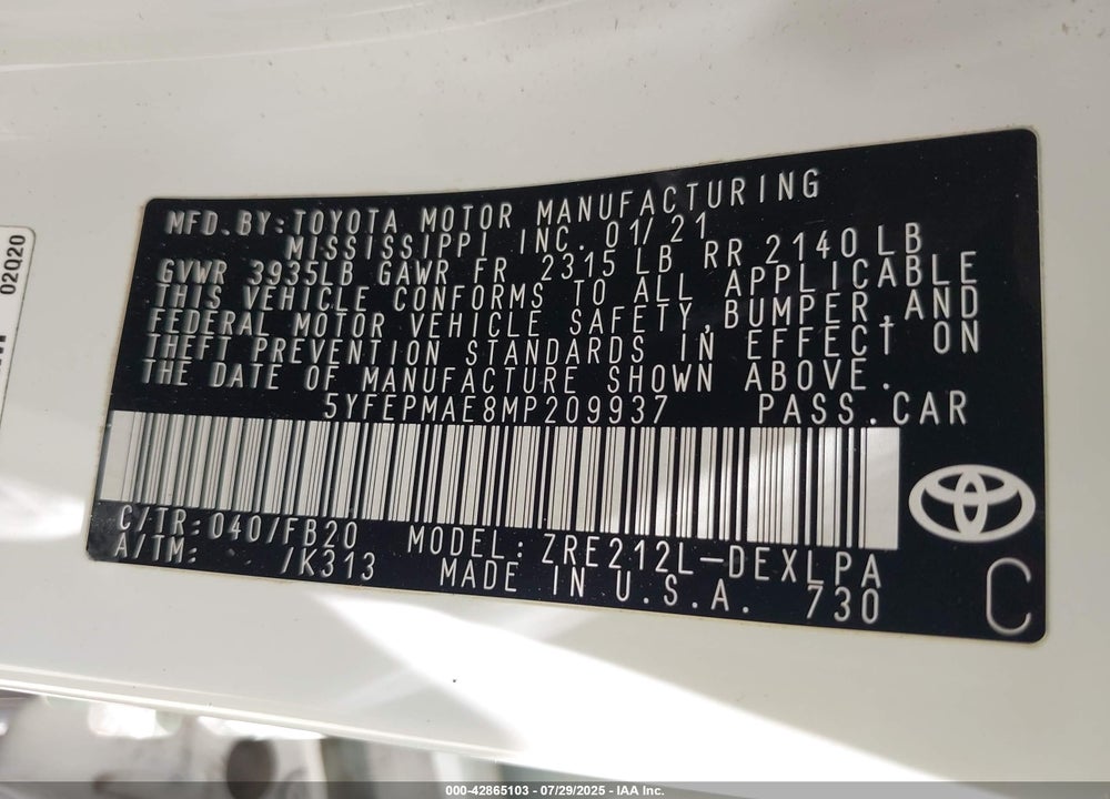 2021 TOYOTA COROLLA LE VIN: 5YFEPMAE8MP209937