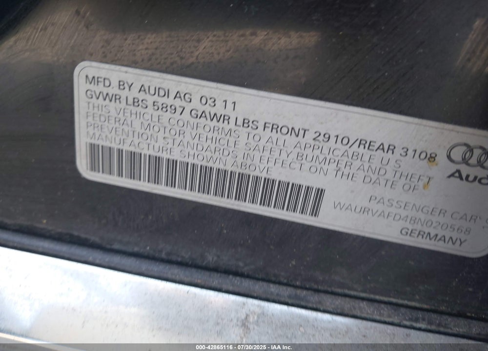 2011 AUDI A8 L VIN: WAURVAFD4BN020568