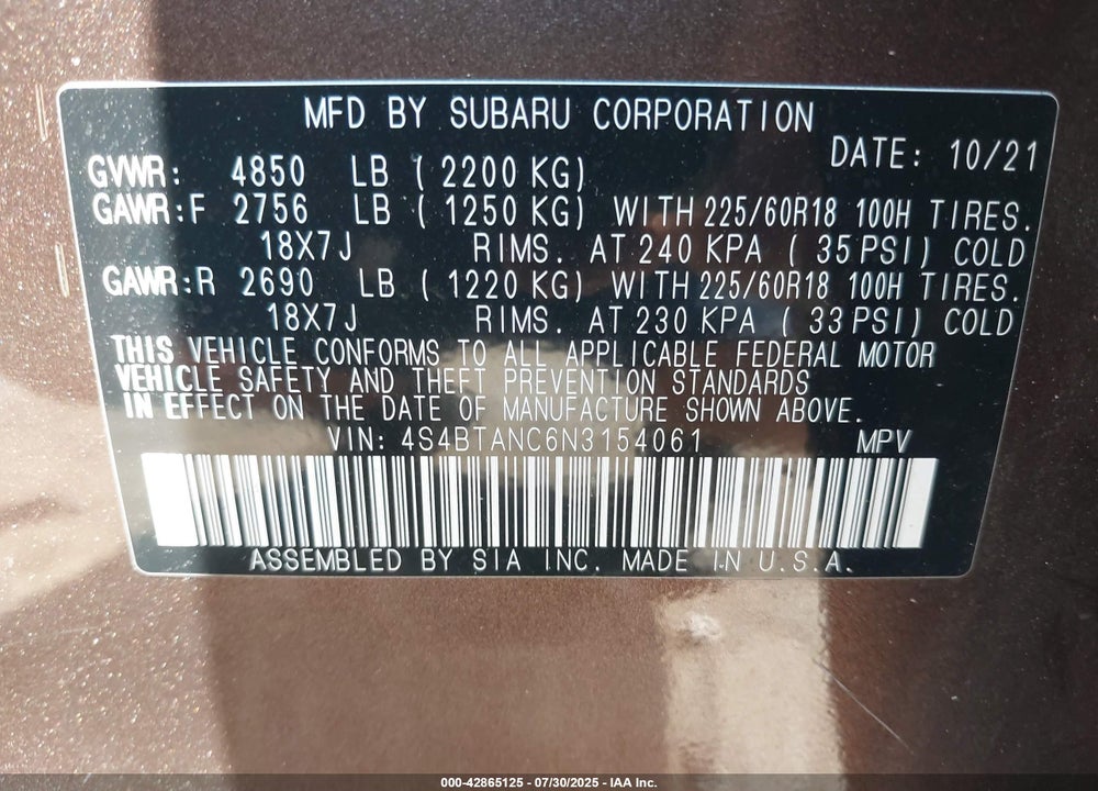 2022 SUBARU OUTBACK VIN: 4S4BTANC6N3154061