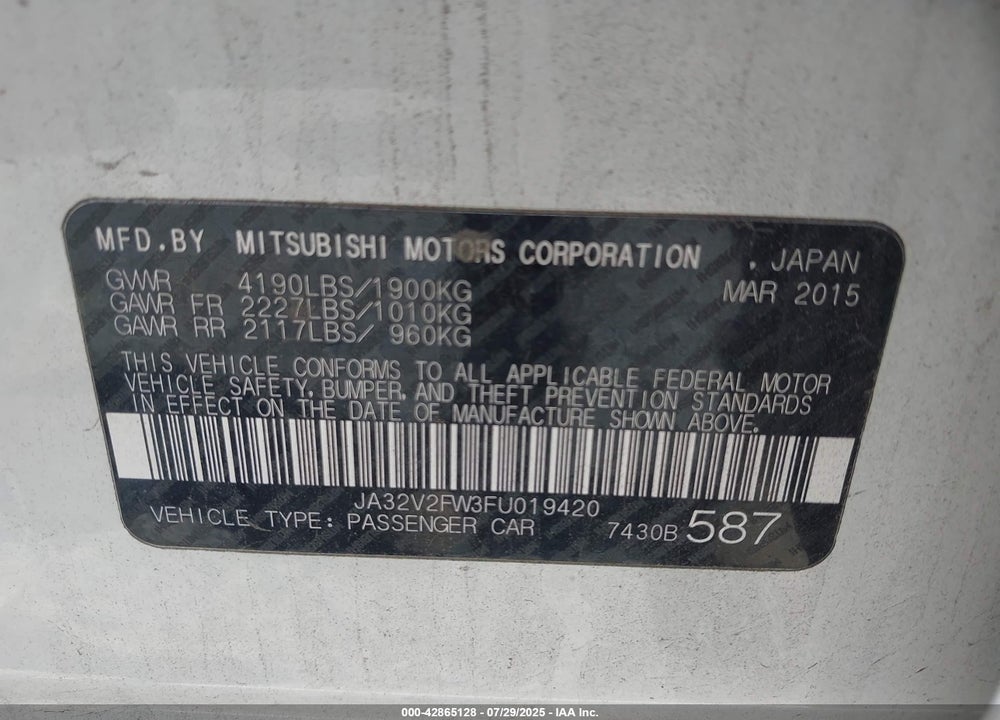 2015 MITSUBISHI LANCER VIN: JA32V2FW3FU019420