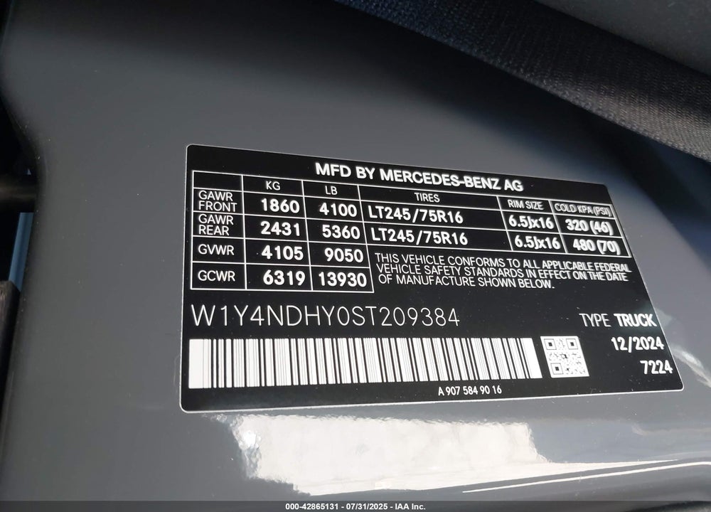 2025 MERCEDES-BENZ SPRINTER 2500 HIGH ROOF 4-CYL DIESEL HO VIN: W1Y4NDHY0ST209384