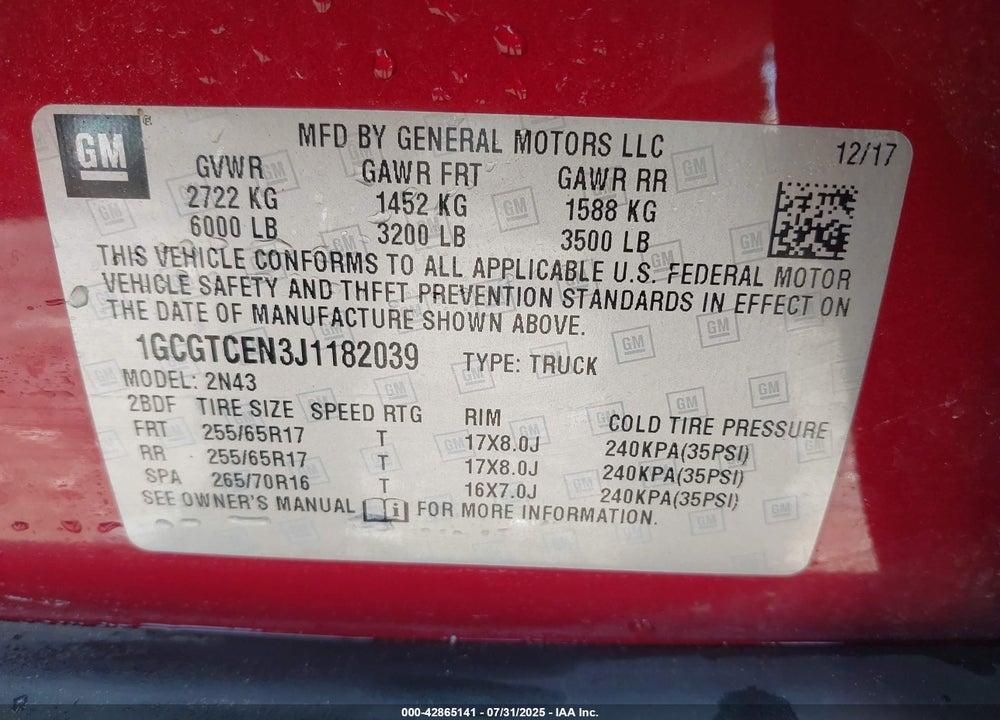 2018 CHEVROLET COLORADO VIN: 1GCGTCEN3J1182039