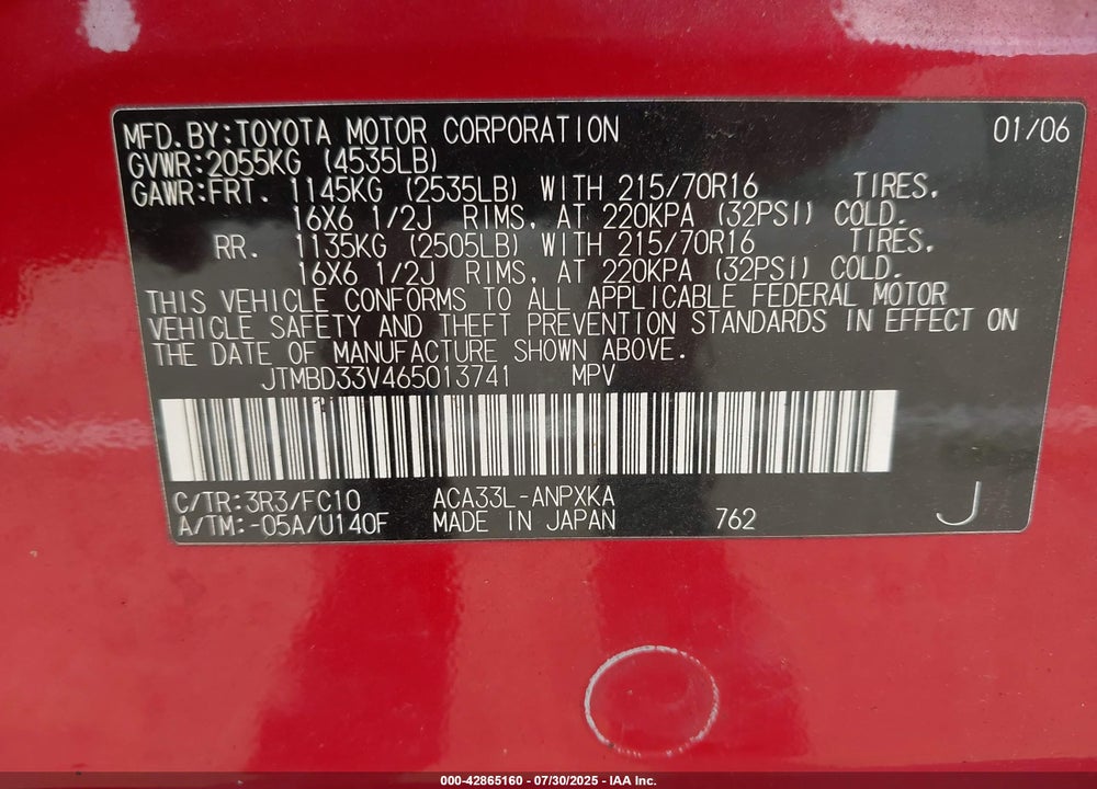 2006 TOYOTA RAV4 VIN: JTMBD33V465013741