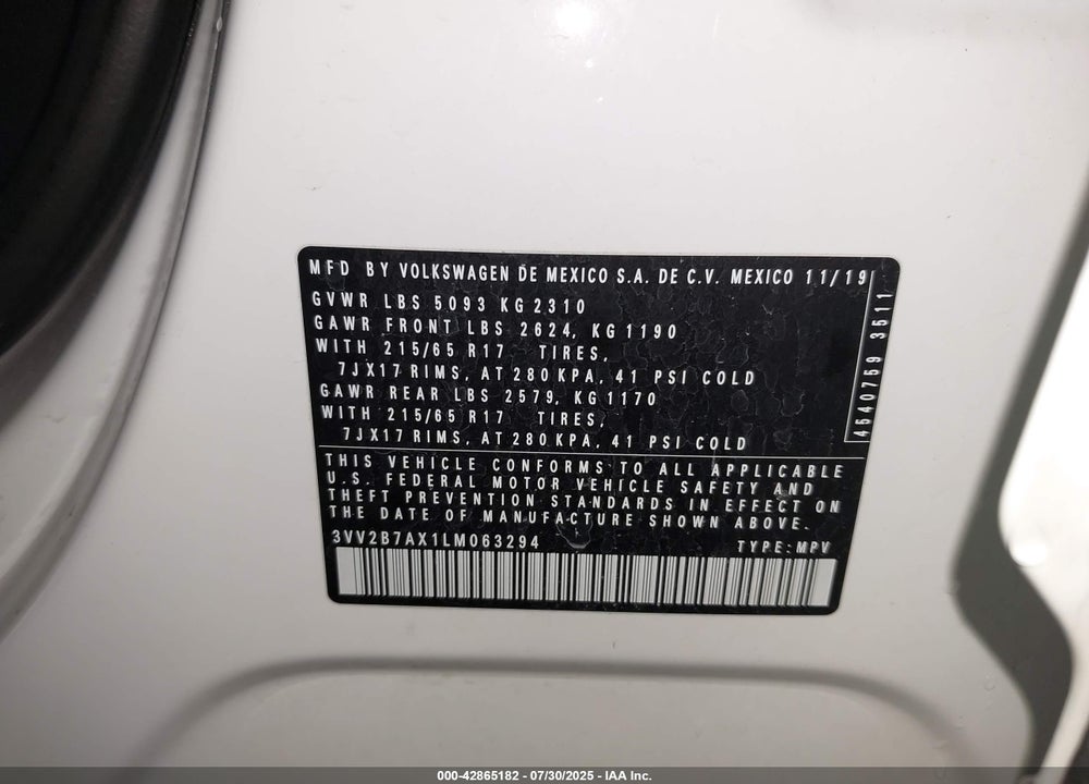 2020 VOLKSWAGEN TIGUAN VIN: 3VV2B7AX1LM063294