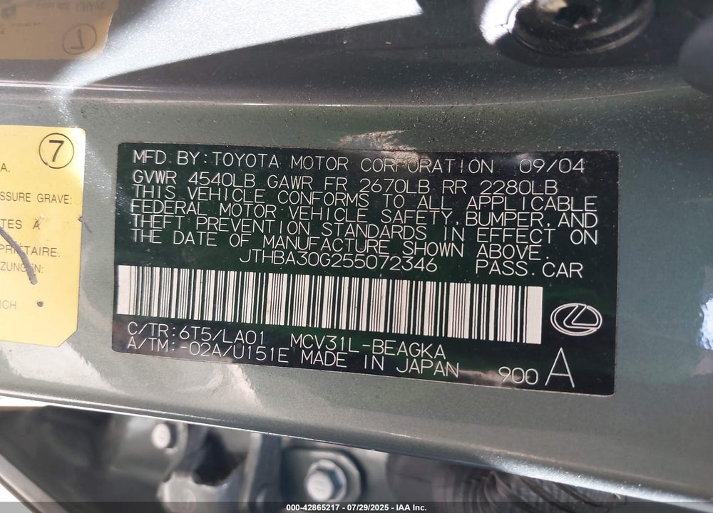 2005 LEXUS ES 330 VIN: JTHBA30G255072346