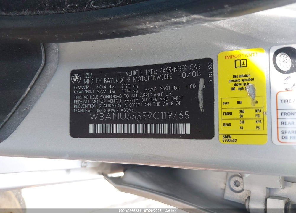 2009 BMW 528I VIN: WBANU53539C119765