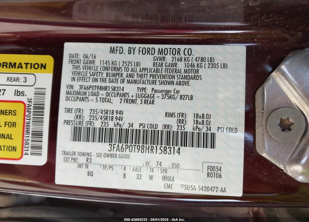 2017 FORD FUSION VIN: 3FA6P0T98HR158314