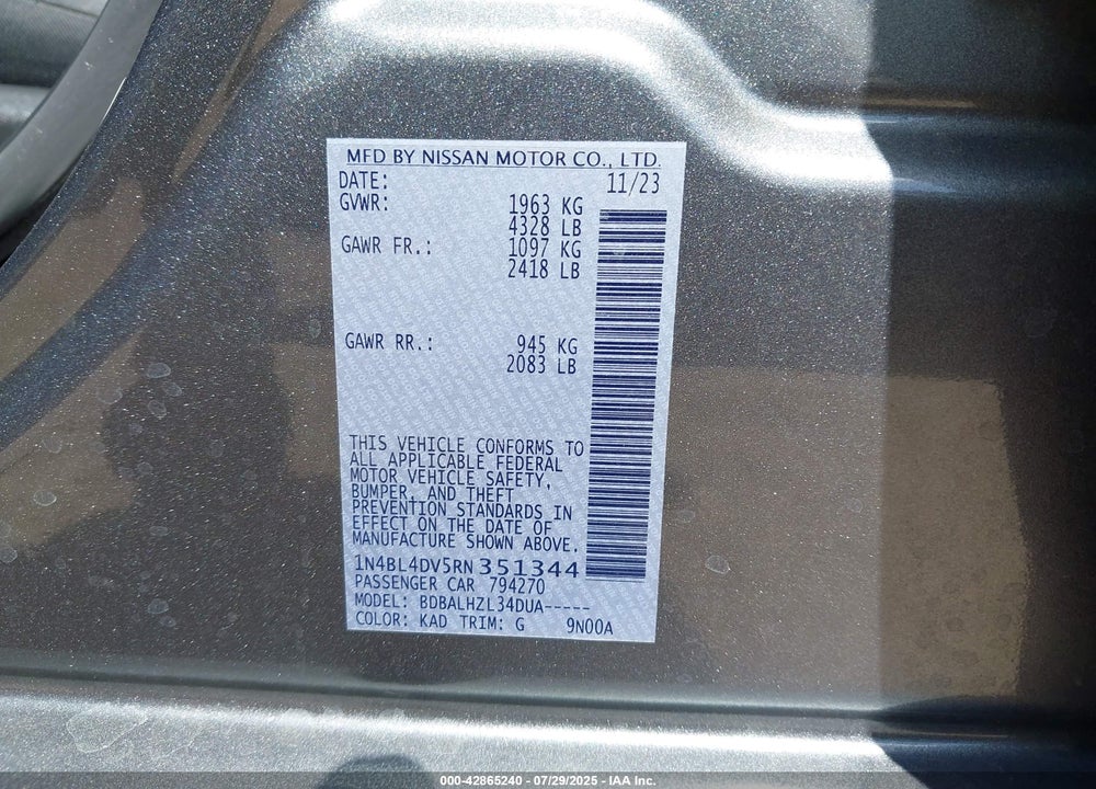 2024 NISSAN ALTIMA VIN: 1N4BL4DV5RN351344
