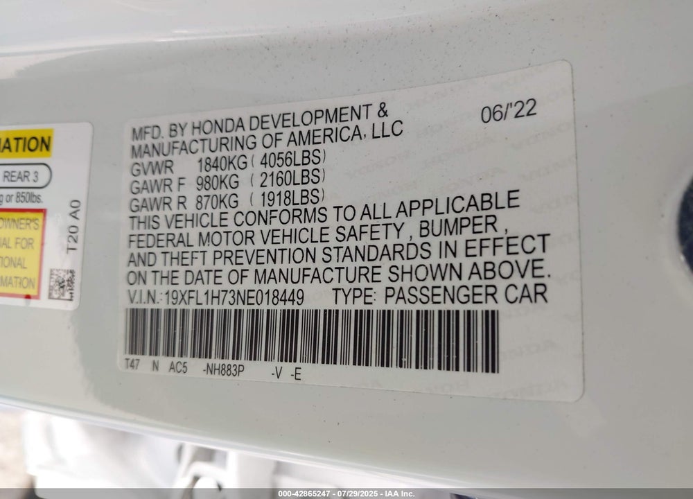 2022 HONDA CIVIC VIN: 19XFL1H73NE018449