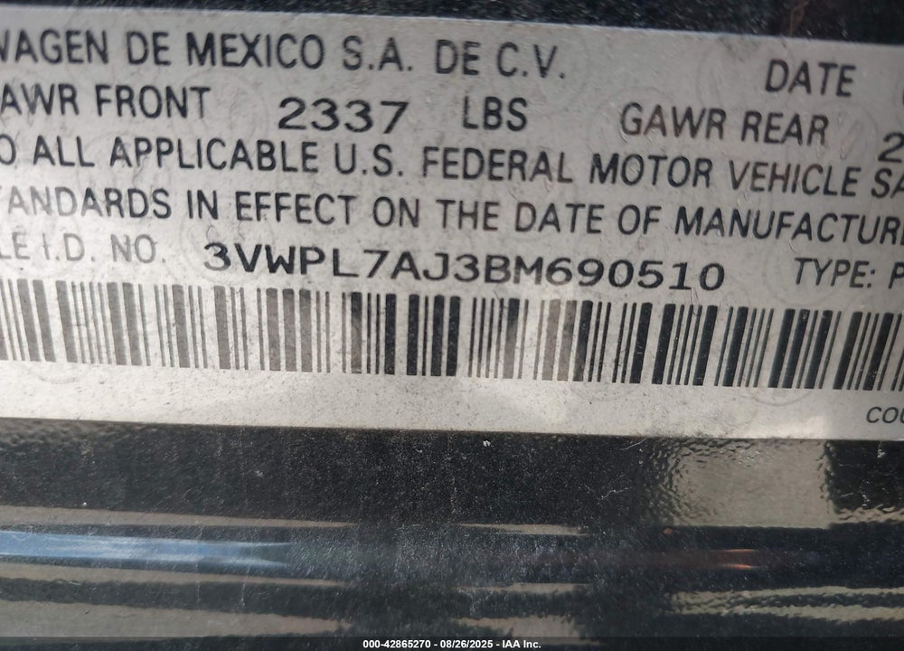 2011 VOLKSWAGEN JETTA VIN: 3VWPL7AJ3BM690510