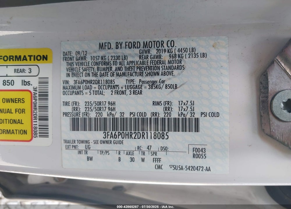 2013 FORD FUSION VIN: 3FA6P0HR2DR118085