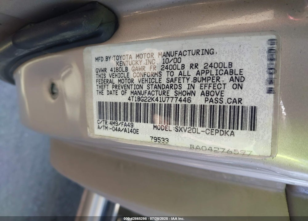 2001 TOYOTA CAMRY VIN: 4T1BG22K41U777446