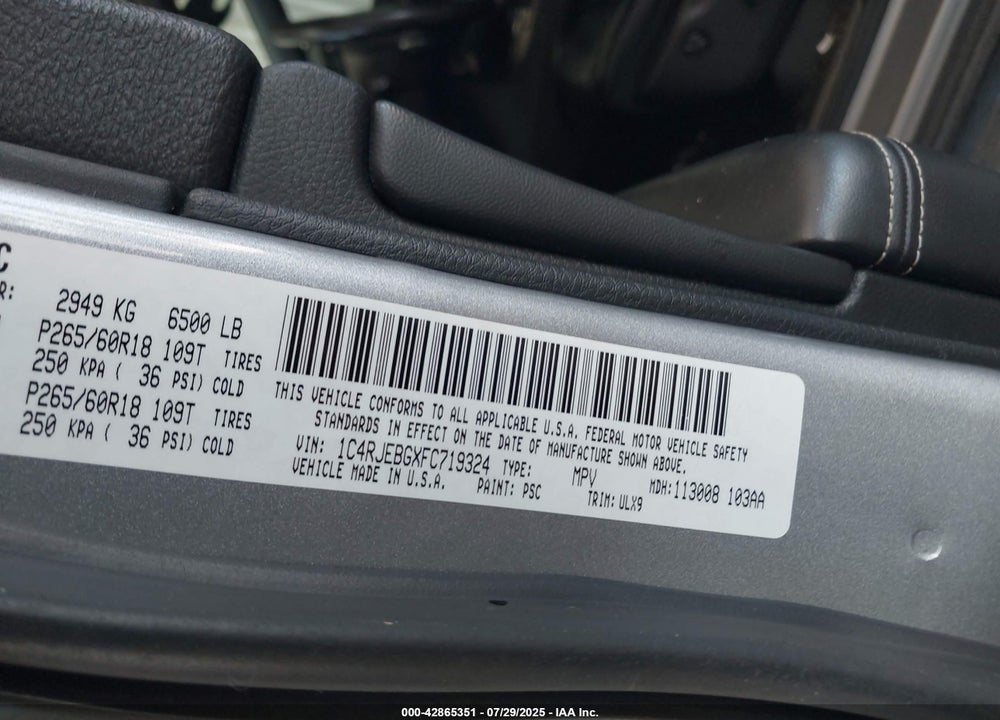 2015 JEEP GRAND CHEROKEE VIN: 1C4RJEBGXFC719324