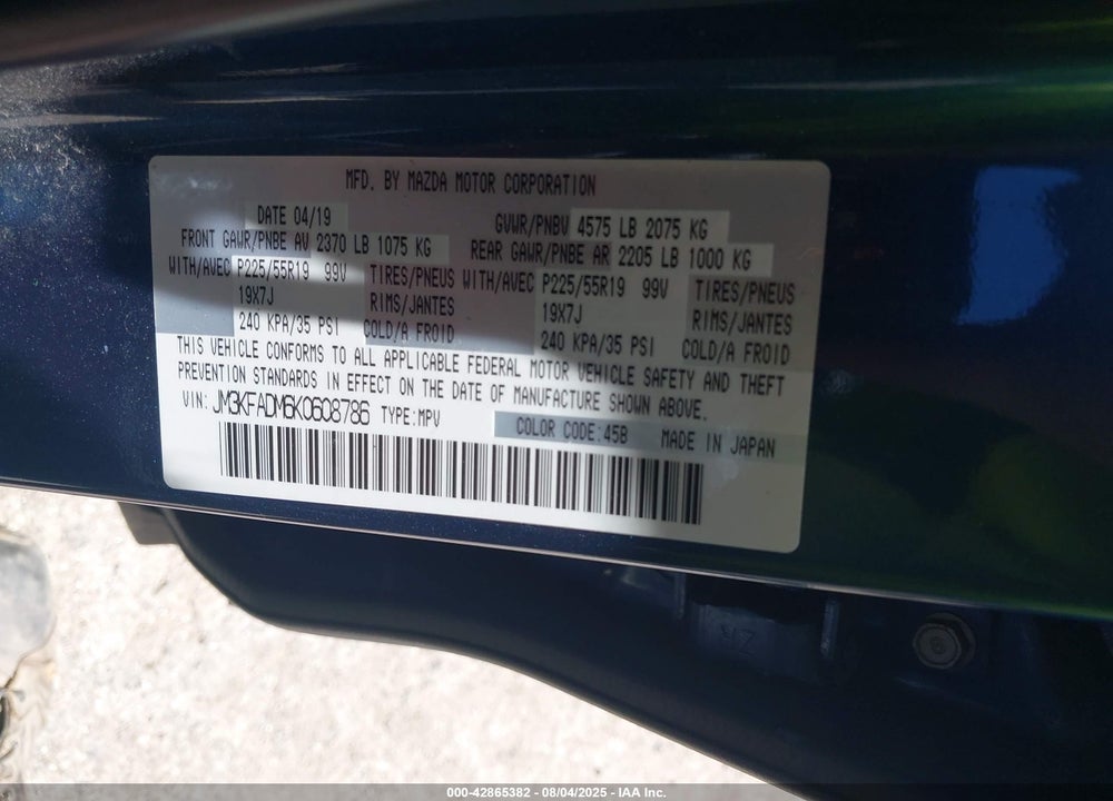 2019 MAZDA CX-5 VIN: JM3KFADM6K0608786