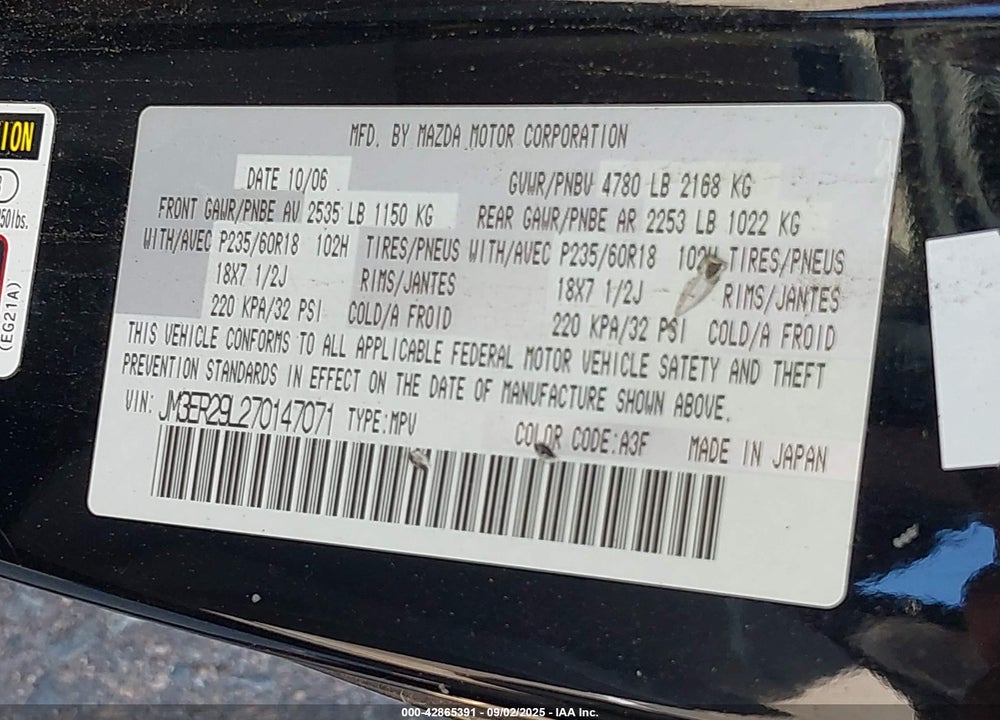 2007 MAZDA CX-7 VIN: JM3ER29L270147071