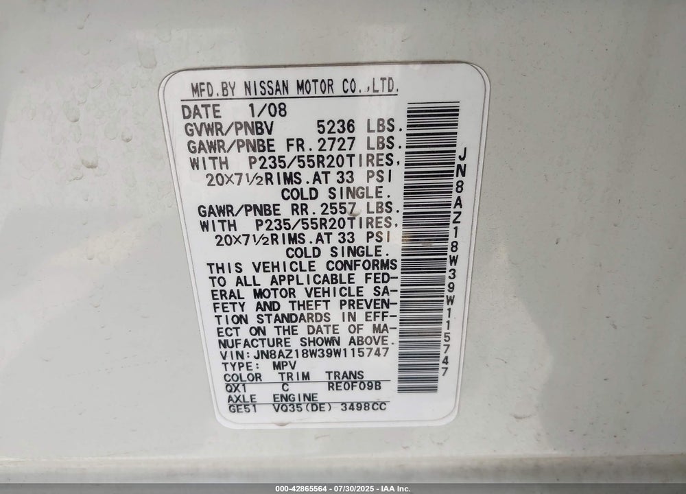 2009 NISSAN MURANO VIN: JN8AZ18W39W115747