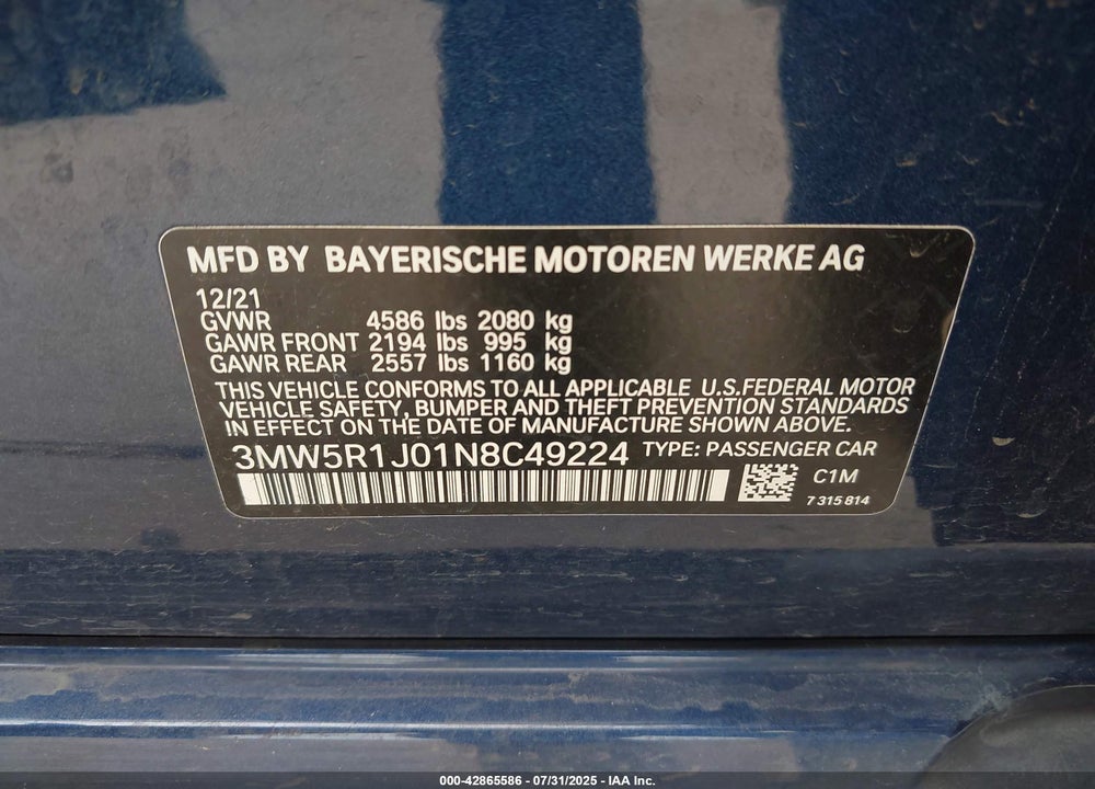 2022 BMW 3 SERIES VIN: 3MW5R1J01N8C49224